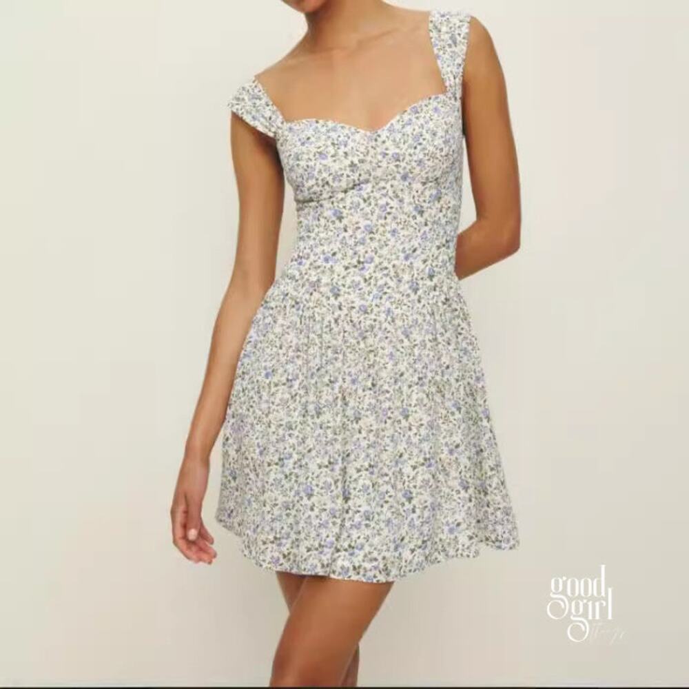 Reformation Taiga Ivory Blue Floral Cross Back Tiered Mini Dress Size 8